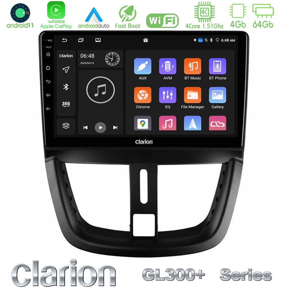Clarion GL300+ Series 4Core Android11 4+64GB Peugeot 207 Navigation Multimedia Tablet 9"