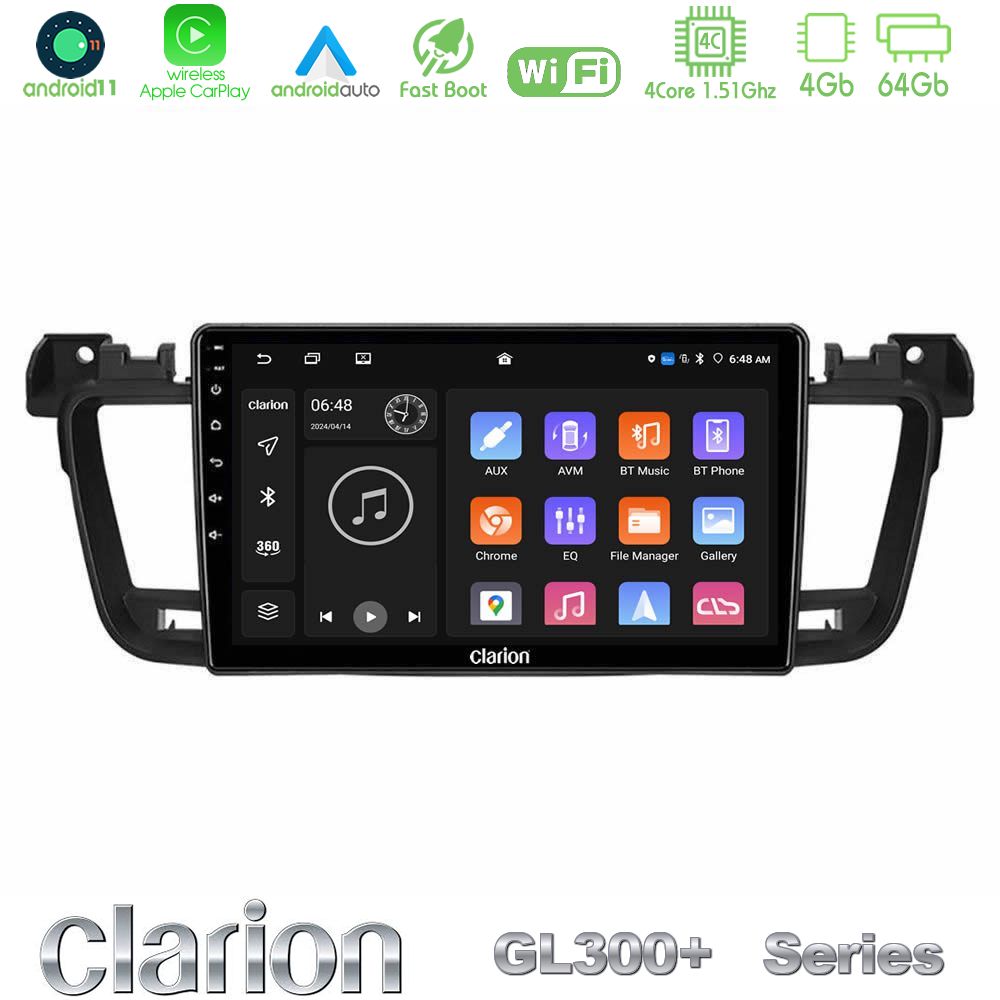 Clarion GL300+ Series 4Core Android11 4+64GB Peugeot 508 2010-2018 Navigation Multimedia Tablet 9"
