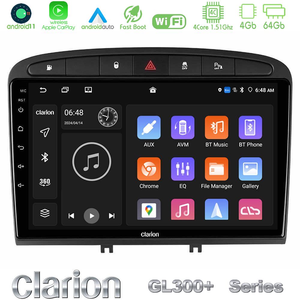 Clarion GL300+ Series 4Core Android11 4+64GB Peugeot 308/RCZ Navigation Multimedia Tablet 9"