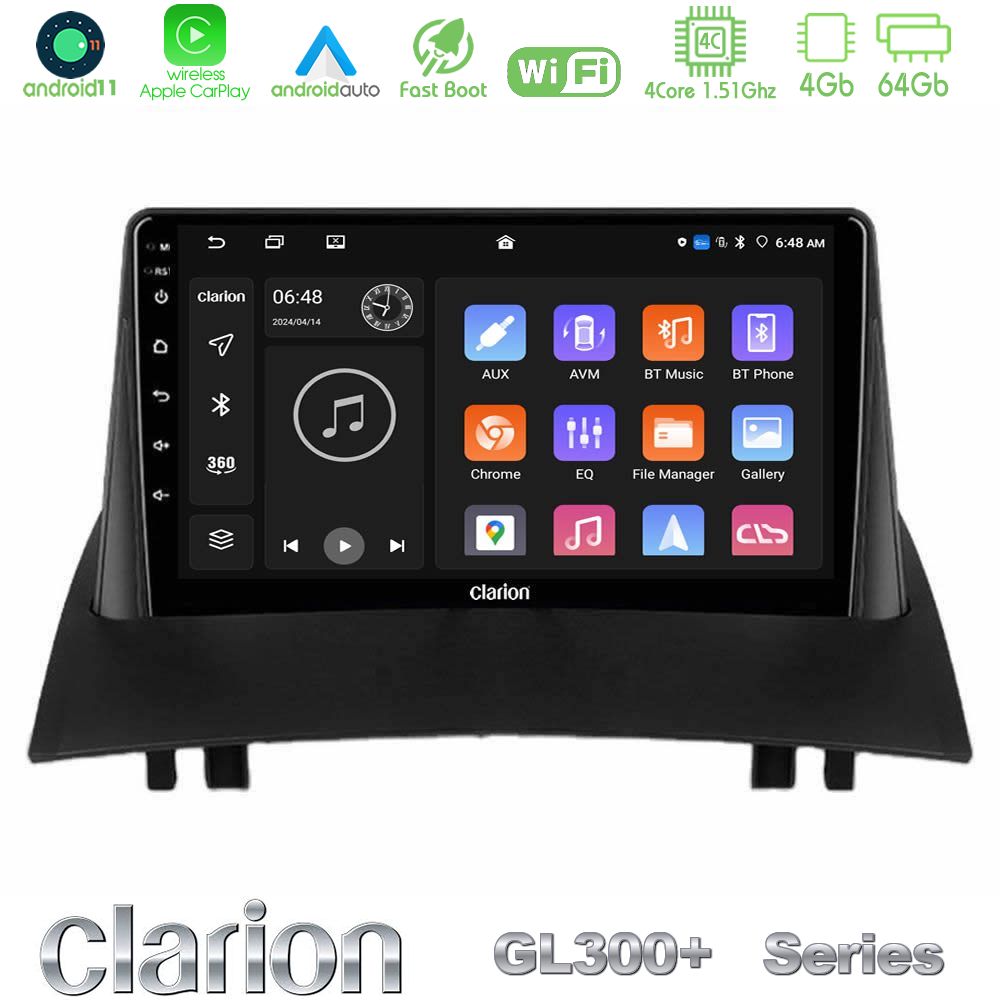 Clarion GL300+ Series 4Core Android11 4+64GB Renault Megane 2 2002-2008 Navigation Multimedia Tablet 9"