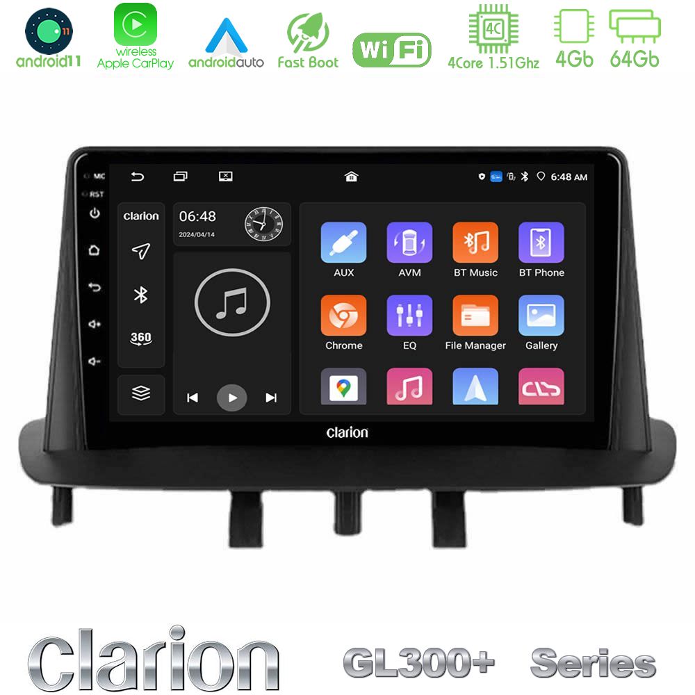 Clarion GL300+ Series 4Core Android11 4+64GB Renault Megane 3 2009-2013 Navigation Multimedia Tablet 9"