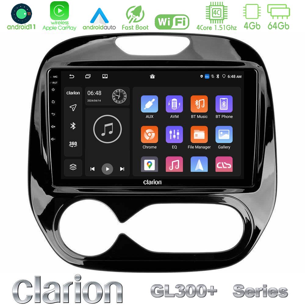 Clarion GL300+ Series 4Core Android11 4+64GB Renault Captur 2013-2019 (Auto AC) Navigation Multimedia Tablet 9"