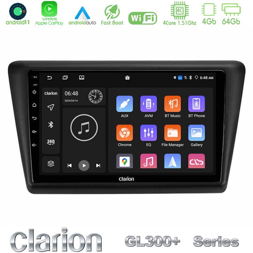 Clarion GL300+ Series 4Core Android11 4+64GB Skoda Rapid 2013-2017 Navigation Multimedia Tablet 9"