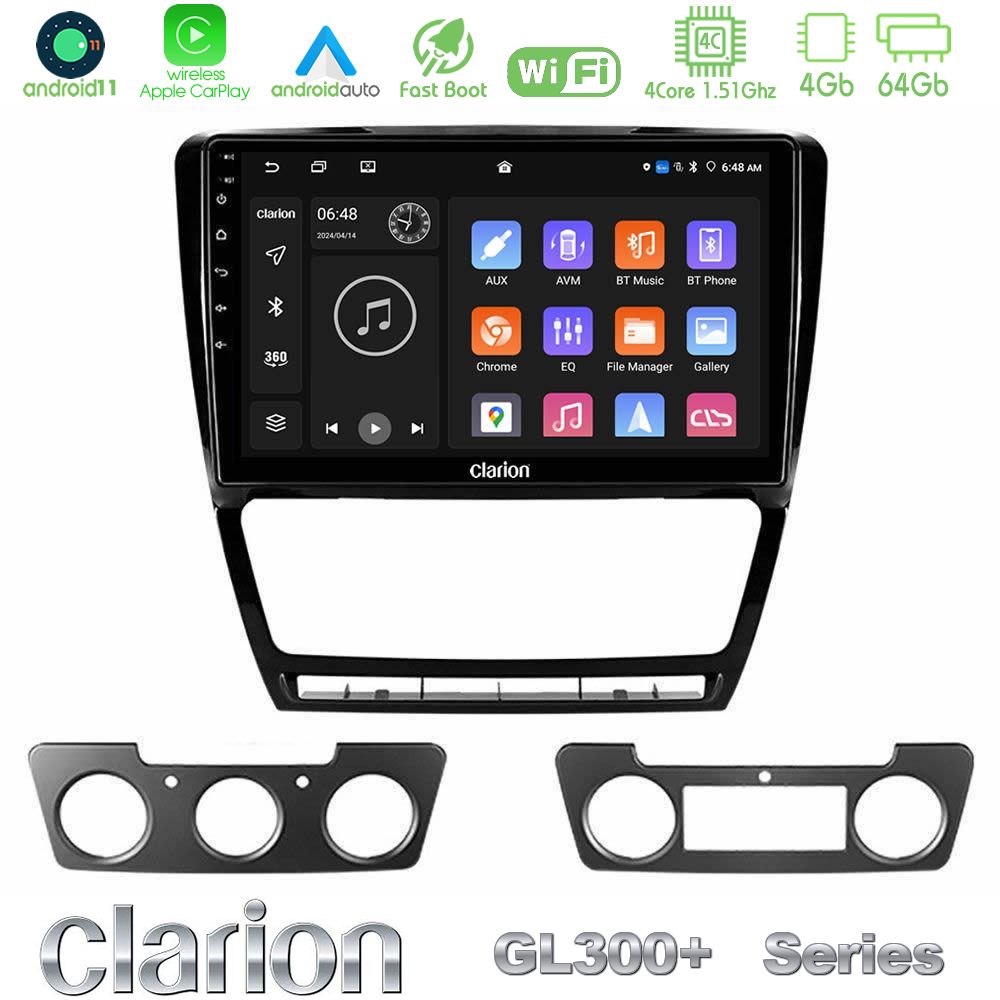 Clarion GL300+ Series 4Core Android11 4+64GB Skoda Octavia 5 Navigation Multimedia Tablet 10"