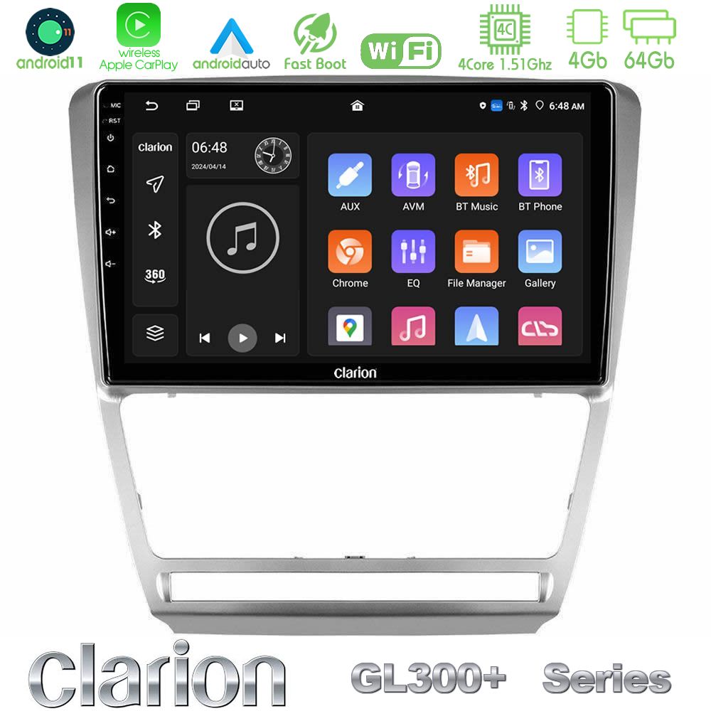 Clarion GL300+ Series 4Core Android11 4+64GB Skoda Octavia 5 Navigation Multimedia Tablet 10"