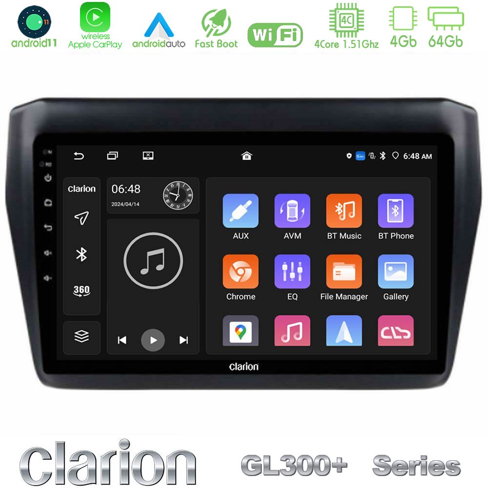 Clarion GL300+ Series 4Core Android11 4+64GB Suzuki Swift 2017-2023 Navigation Multimedia Tablet 9"