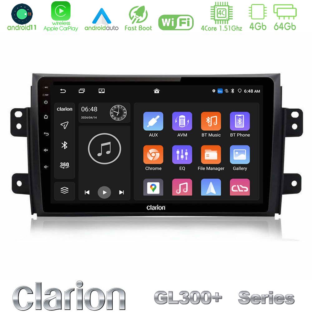 Clarion GL300+ Series 4Core Android11 4+64GB Suzuki SX4 2006-2014 Fiat Sedici 2006-2014 Navigation Multimedia Tablet 9"