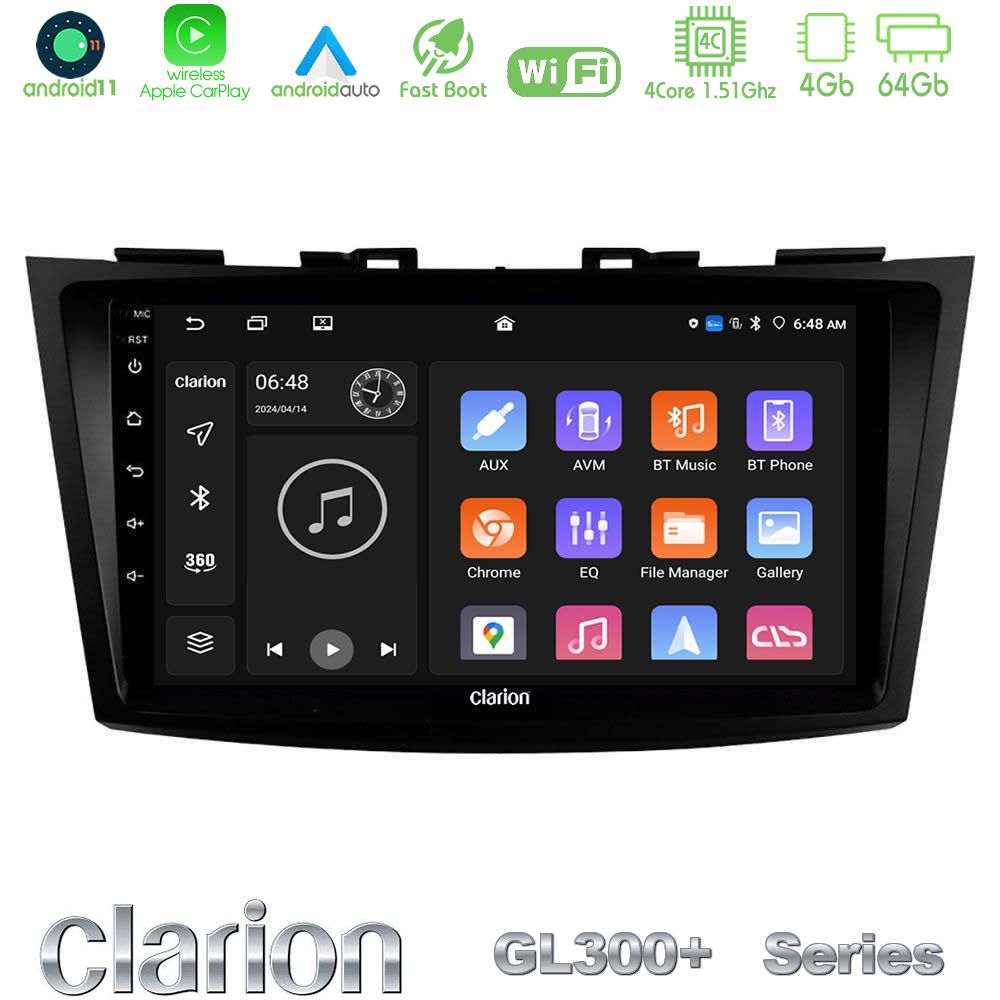 Clarion GL300+ Series 4Core Android11 4+64GB Suzuki Swift 2011-2016 Navigation Multimedia Tablet 9"