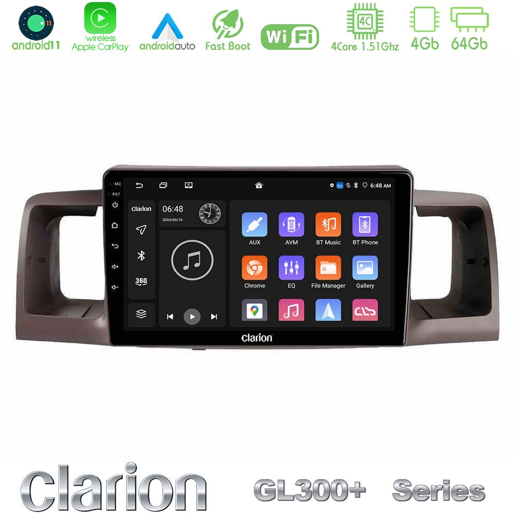 Clarion GL300+ Series 4Core Android11 4+64GB Toyota Corolla 2002-2006 Navigation Multimedia Tablet 9"