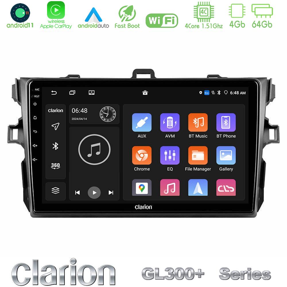 Clarion GL300+ Series 4Core Android11 4+64GB  Toyota Corolla 2007-2012 Navigation Multimedia Tablet 9"