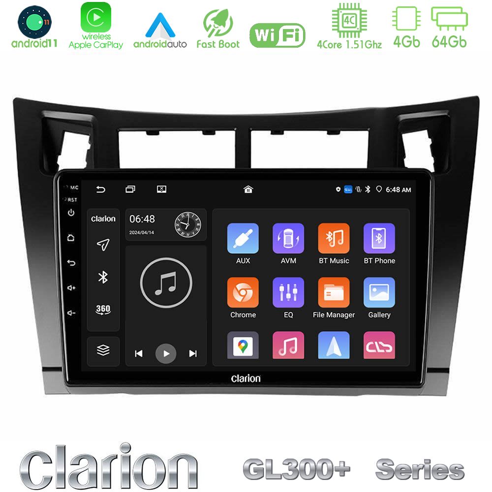 Clarion GL300+ Series 4Core Android11 4+64GB  Toyota Yaris Navigation Multimedia Tablet 9" (Μαύρο Χρώμα)