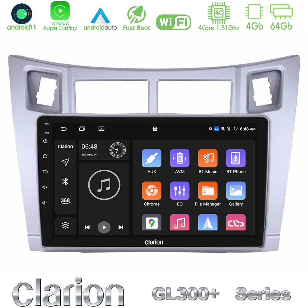 Clarion GL300+ Series 4Core Android11 4+64GB  Toyota Yaris Navigation Multimedia Tablet 9" (Ασημί Χρώμα)
