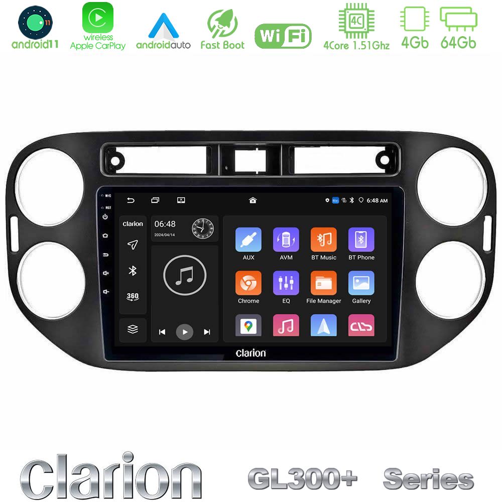 Clarion GL300+ Series 4Core Android11 4+64GB  VW Tiguan Navigation Multimedia Tablet 9" (23mm alarm button)