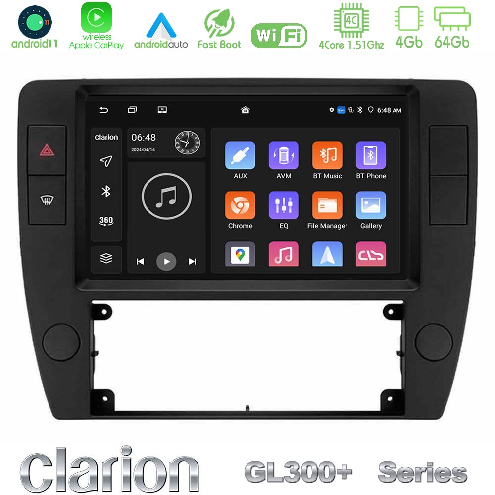 Clarion GL300+ Series 4Core Android11 4+64GB  VW Passat B5 2001-2005 Navigation Multimedia Tablet 9"