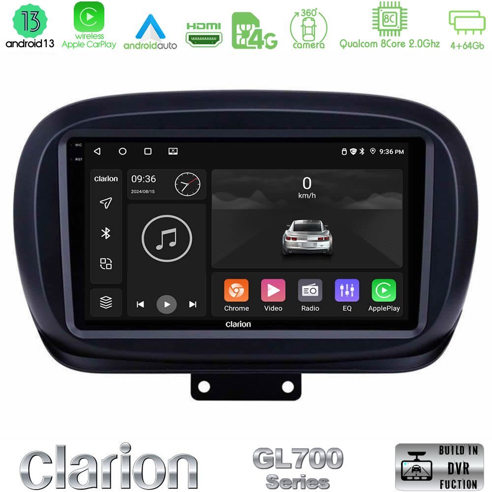 Clarion GL700 Series 8Core Android13 4+64GB Fiat 500X Navigation Multimedia Tablet 9" Με Carplay & Android Auto