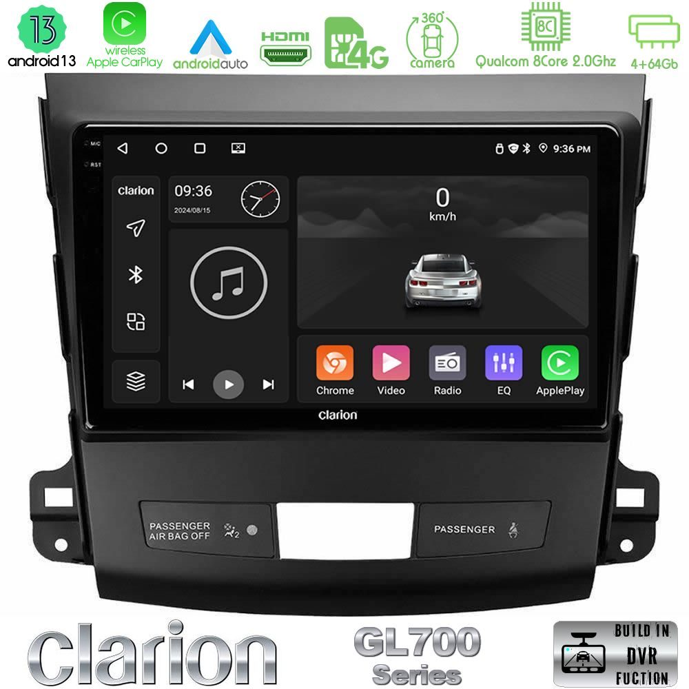 Clarion GL700 Series 8Core Android13 4+64GB Mitsubishi Outlander/Citroen C-Crosser/Peugeot 4007 Navigation Multimedia Tablet 9" Με Carplay & Android Auto