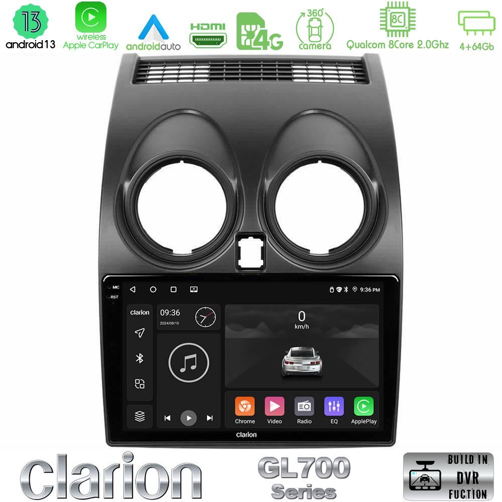 Clarion GL700 Series 8Core Android13 4+64GB Nissan Qashqai J10 Navigation Multimedia Tablet 9" Με Carplay & Android Auto