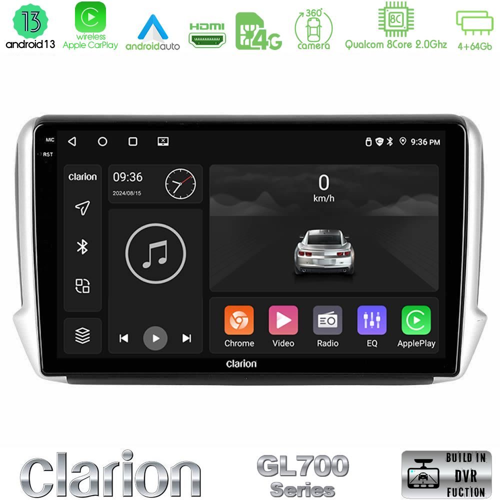 Clarion GL700 Series 8Core Android13 4+64GB Peugeot 208/2008 Navigation Multimedia Tablet 10" Με Carplay & Android Auto