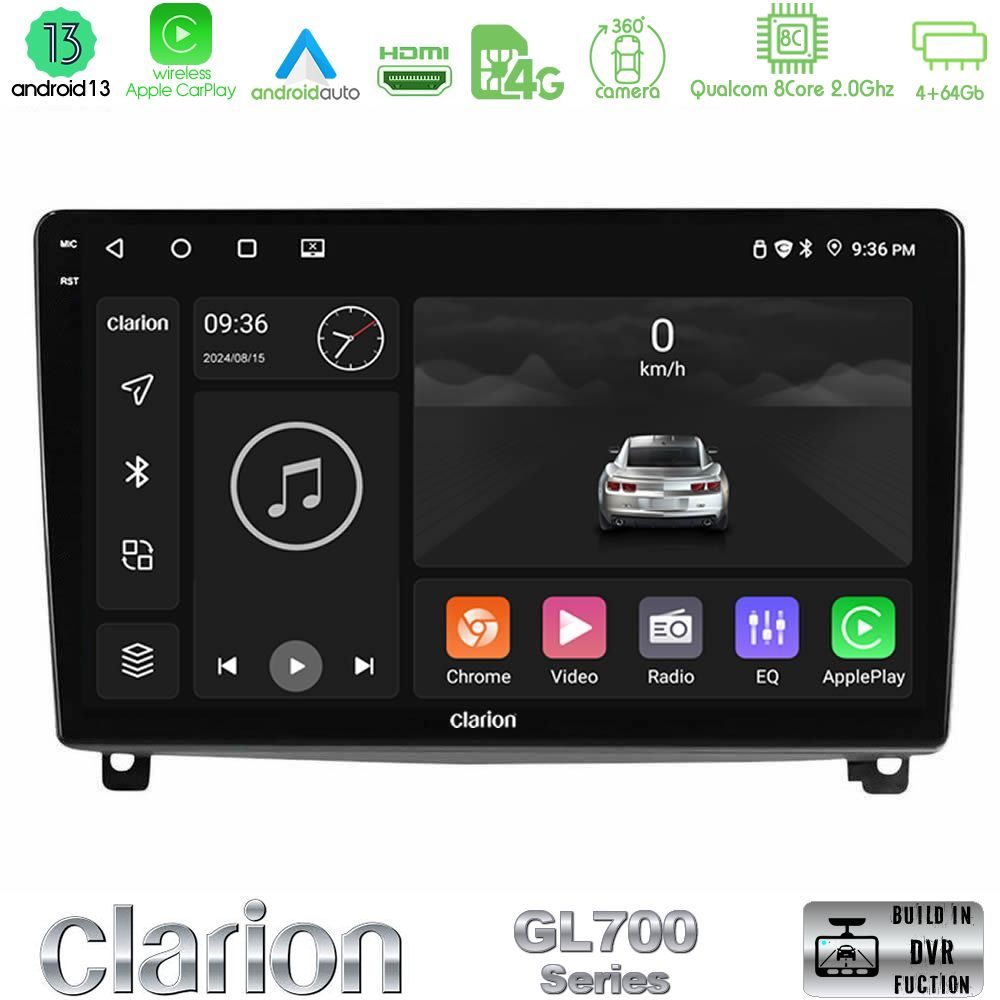 Clarion GL700 Series 8Core Android13 4+64GB Peugeot 407 Navigation Multimedia Tablet 9" Με Carplay & Android Auto
