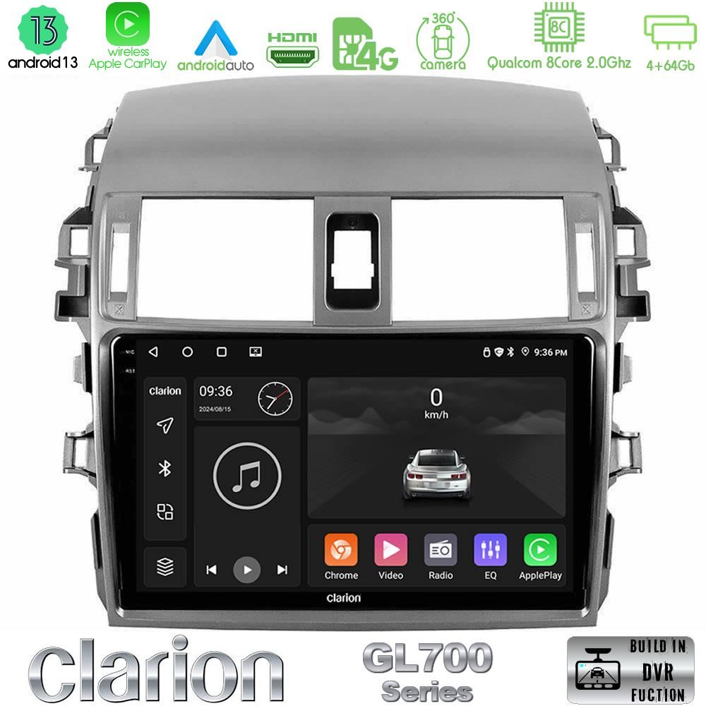 Clarion GL700 Series 8Core Android13 4+64GB Toyota Corolla 2008-2010 Navigation Multimedia Tablet 9" Με Carplay & Android Auto