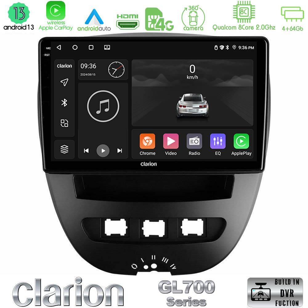 Clarion GL700 Series 8Core Android13 4+64GB Toyota Aygo/Citroen C1/Peugeot 107 Navigation Multimedia Tablet 10" Με Carplay & Android Auto