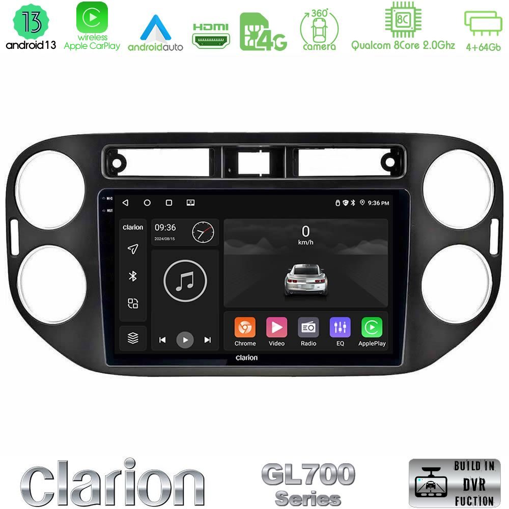 Clarion GL700 Series 8Core Android13 4+64GB VW Tiguan Navigation Multimedia Tablet 9" (23mm alarm button) Με Carplay & Android Auto
