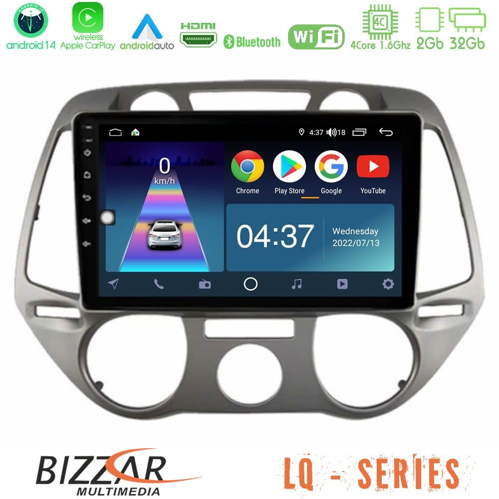 Bizzar LQ Series 4Core Android14 2+32GB Hyundai i20 2009-2012 Manual A/C Navigation Multimedia Tablet 9" Με Carplay & Android Auto