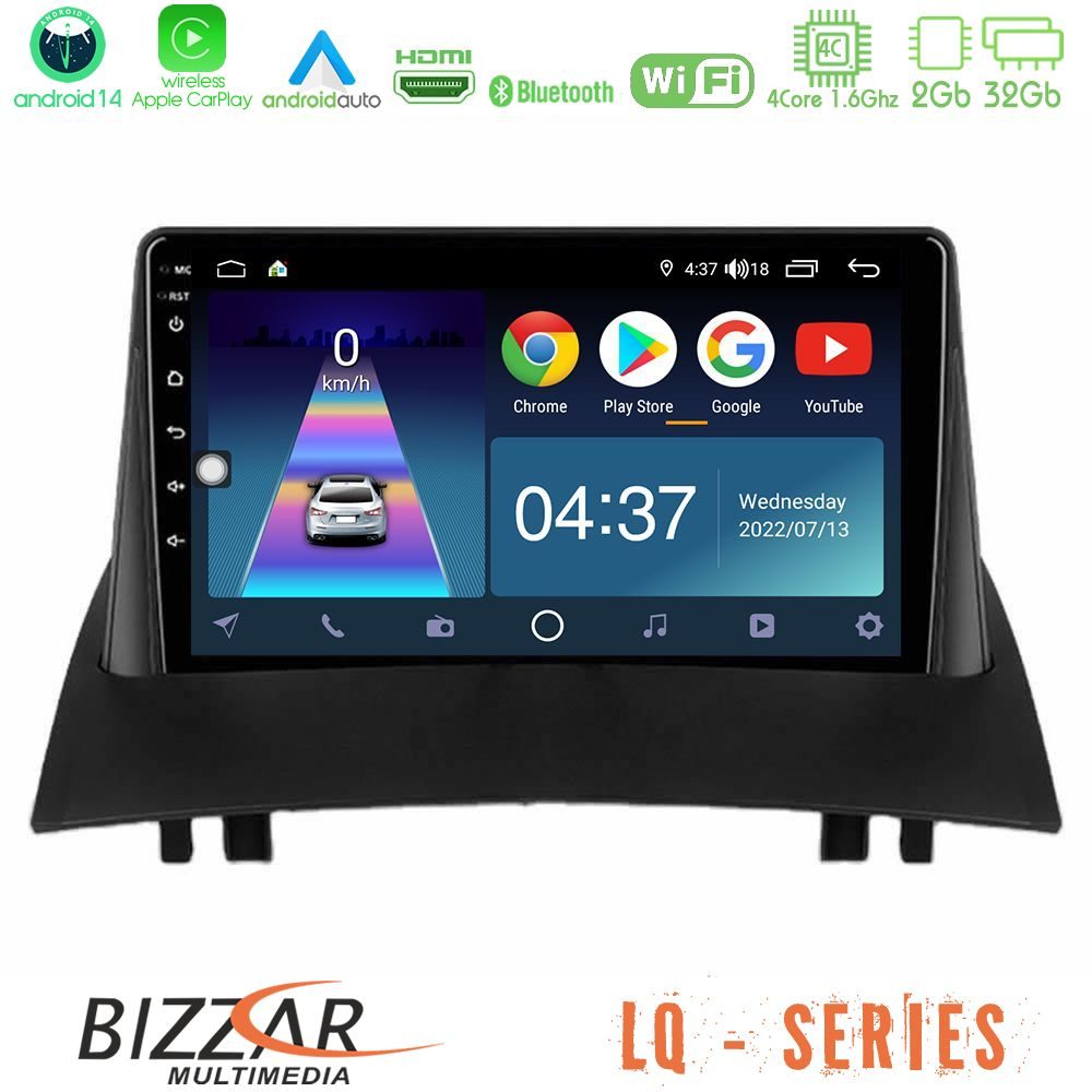Bizzar LQ Series 4Core Android14 2+32GB Renault Megane 2 2002-2008 Navigation Multimedia Tablet 9" Με Carplay & Android Auto
