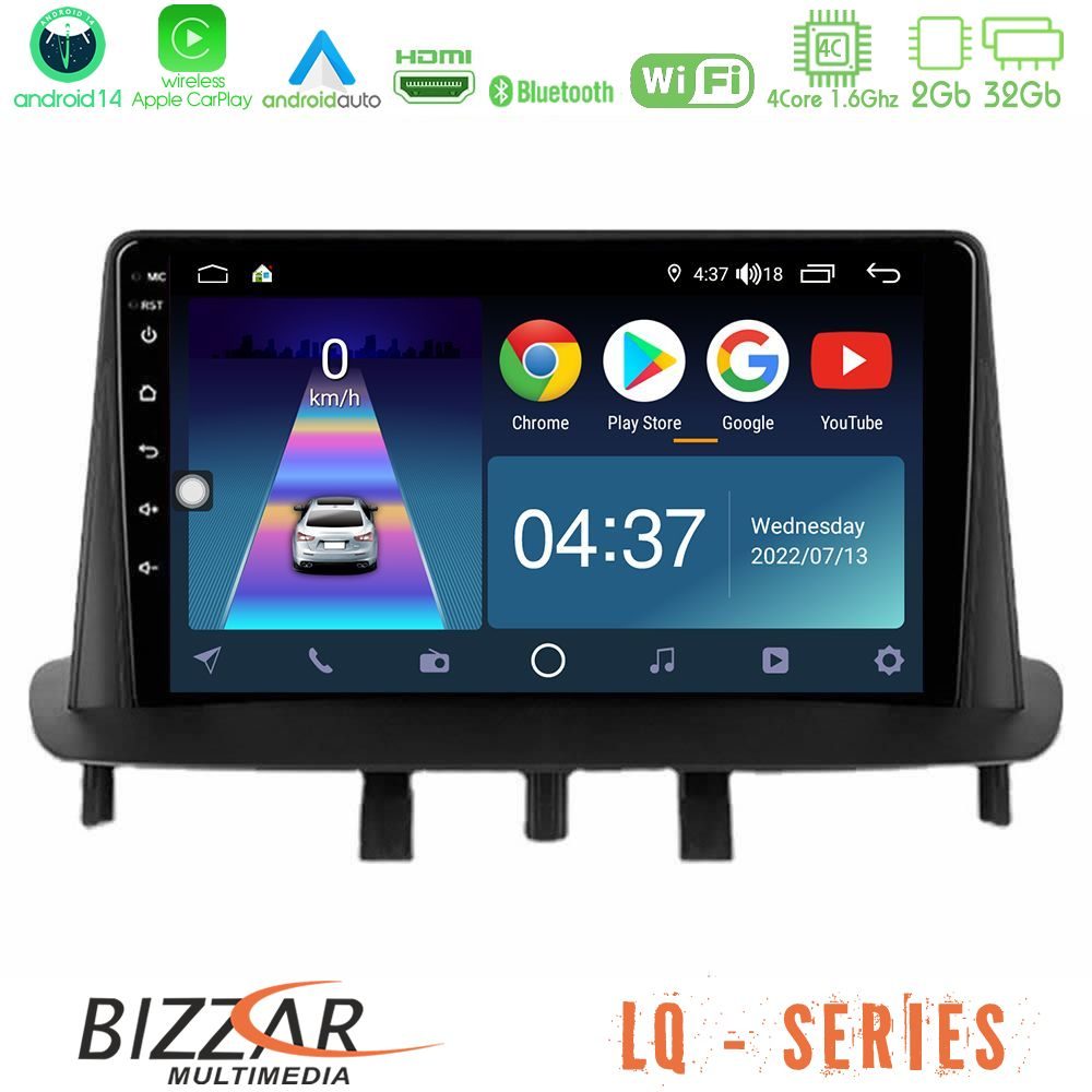 Bizzar LQ Series 4Core Android14 2+32GB Renault Megane 3 2009-2015 Navigation Multimedia Tablet 9" Με Carplay & Android Auto