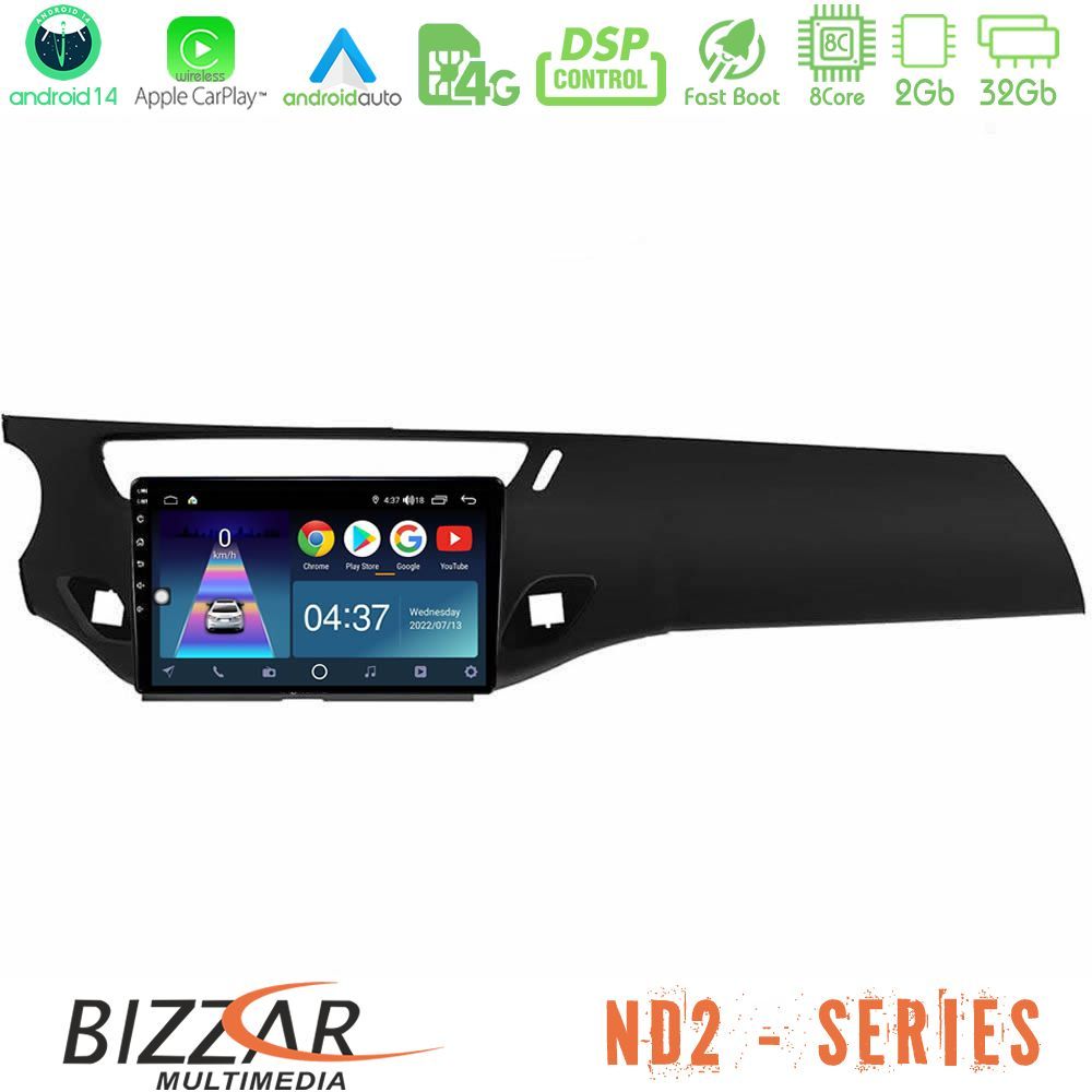 Bizzar ND2 Series 8Core Android14 2+32GB  Citroen C3 2009-2016 Navigation Multimedia Tablet 9"  Με Carplay & Android Auto (Μαύρο γυαλιστερό)