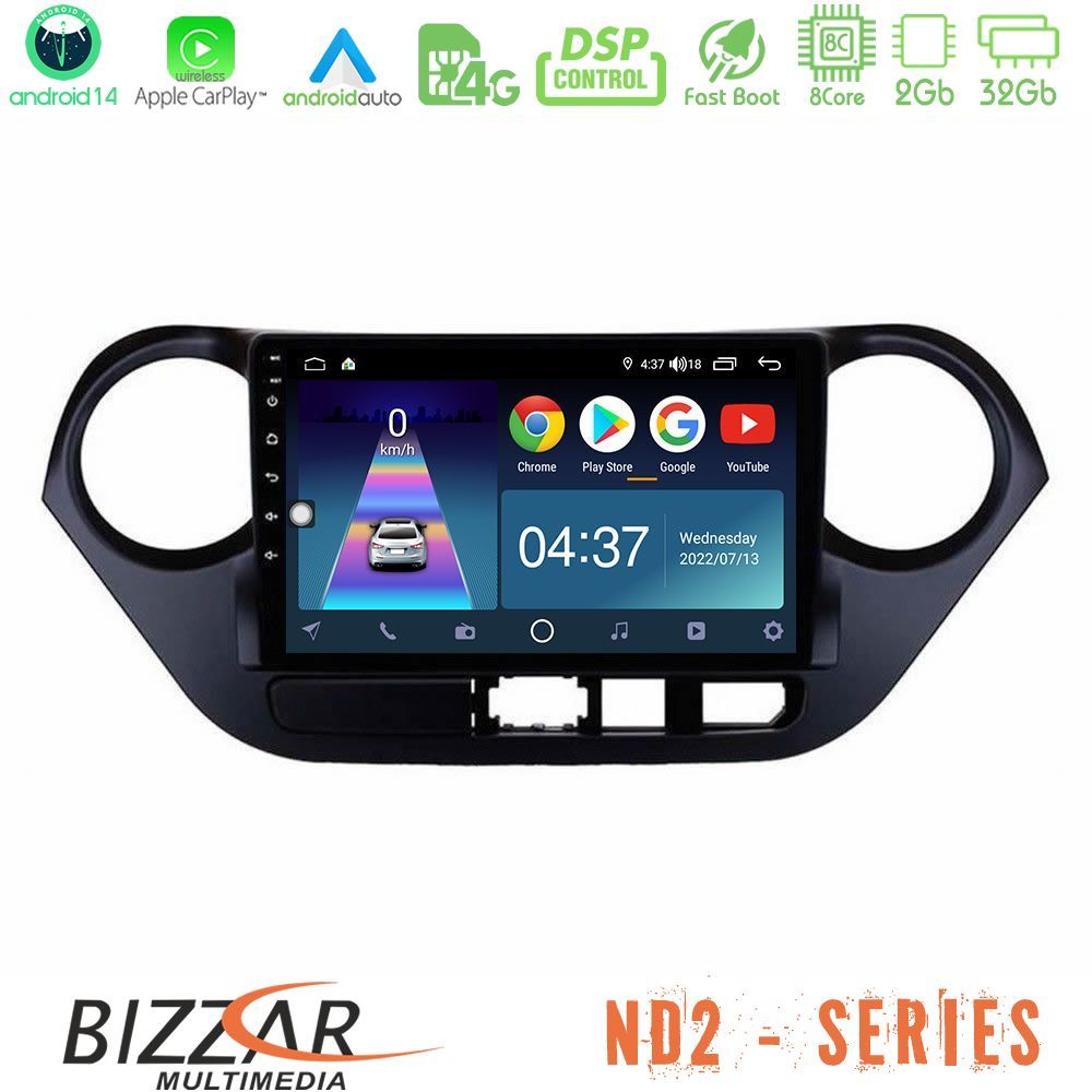 Bizzar ND2 Series 8Core Android14 2+32GB  Hyundai i10 2014-2020 Navigation Multimedia Tablet 9" Με Carplay & Android Auto