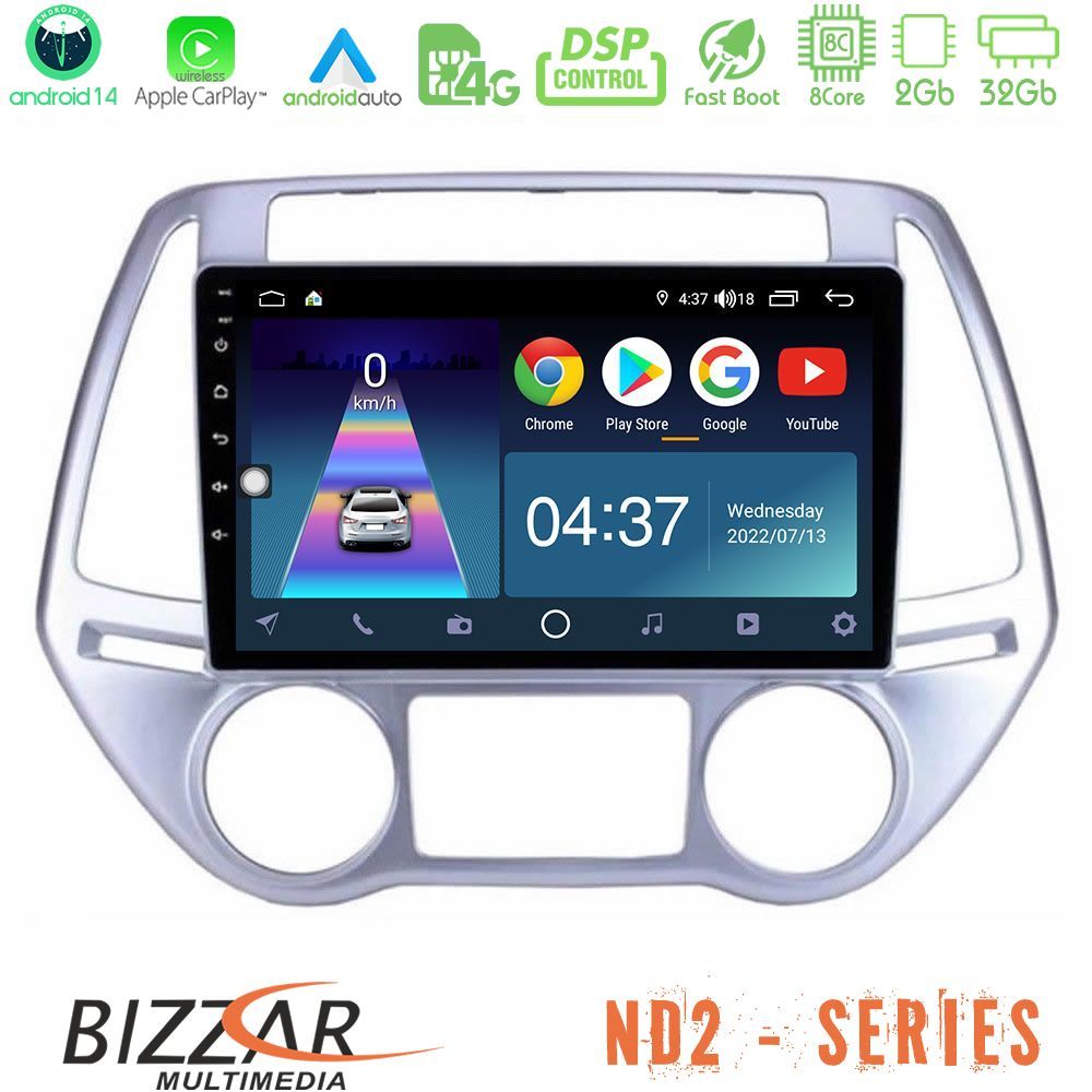 Bizzar ND2 Series 8Core Android14 2+32GB  Hyundai i20 2012-2014 Navigation Multimedia Tablet 9" Με Carplay & Android Auto