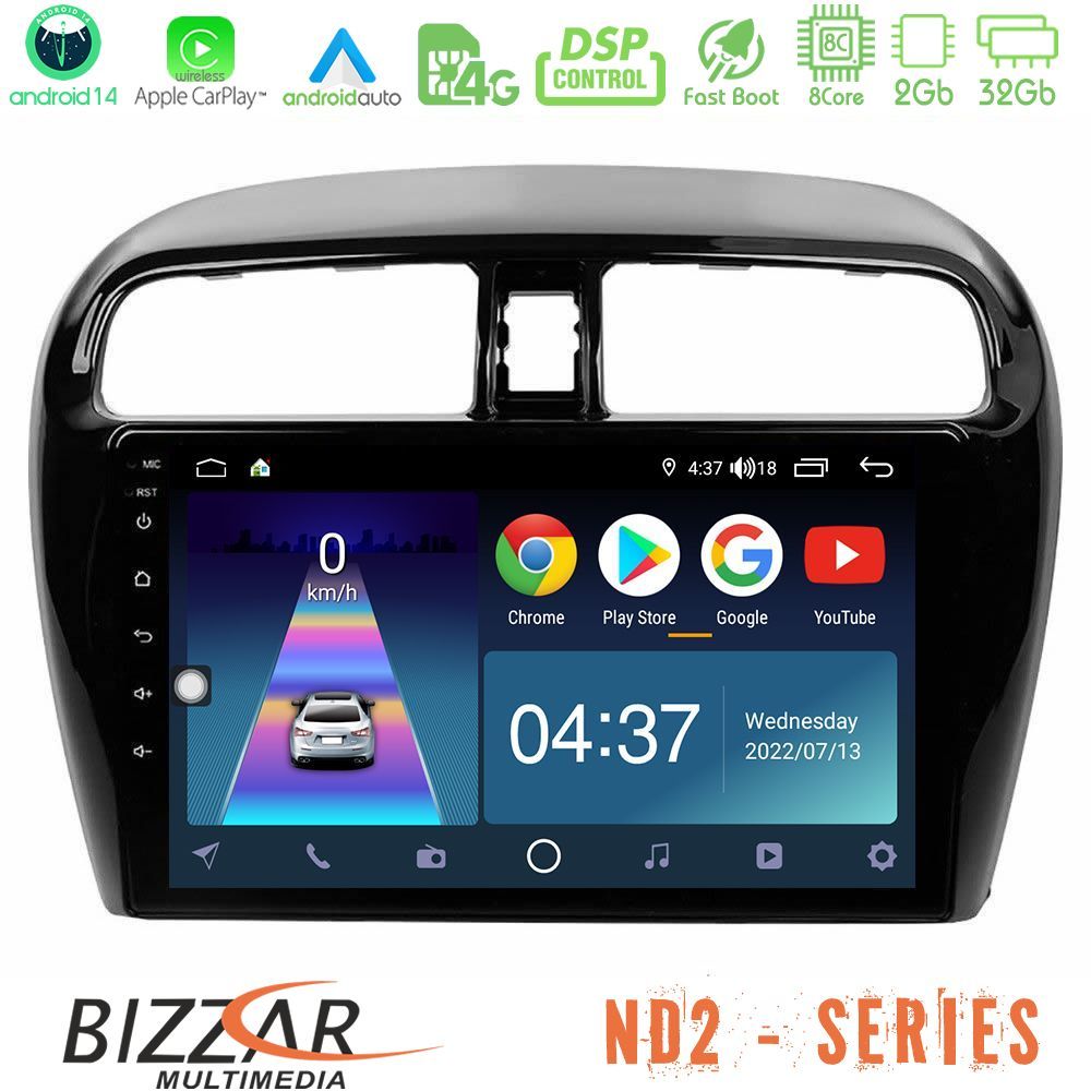 Bizzar ND2 Series 8Core Android14 2+32GB  Mitsubishi Space Star 2013-2016 Navigation Multimedia Tablet 9" Με Carplay & Android Auto