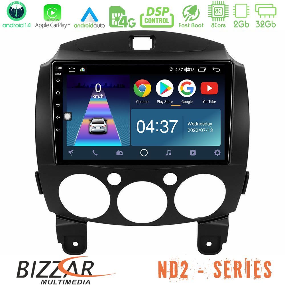 Bizzar ND2 Series 8Core Android14 2+32GB Mazda 2 2008-2014 Navigation Multimedia Tablet 9" Με Carplay & Android Auto