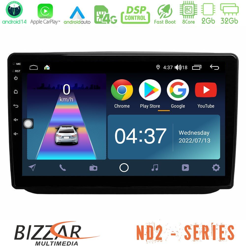 Bizzar ND2 Series 8Core Android14 2+32GB  Skoda Fabia 2007-2014 Navigation Multimedia Tablet 10" Με Carplay & Android Auto