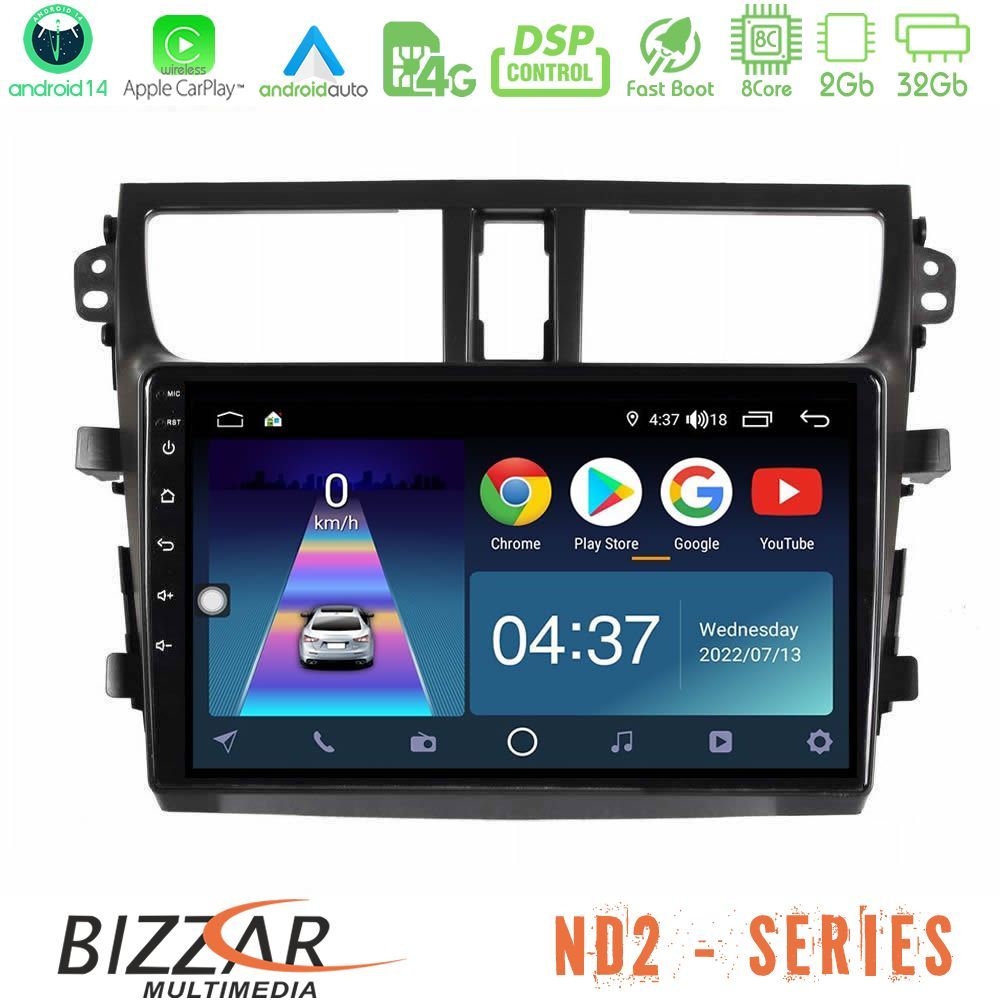 Bizzar ND2 Series 8Core Android14 2+32GB  Suzuki Celerio 2014-2020 Navigation Multimedia Tablet 9" Με Carplay & Android Auto