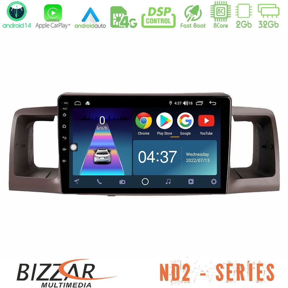 Bizzar ND2 Series 8Core Android14 2+32GB  Toyota Corolla 2002-2006 Navigation Multimedia Tablet 9" Με Carplay & Android Auto