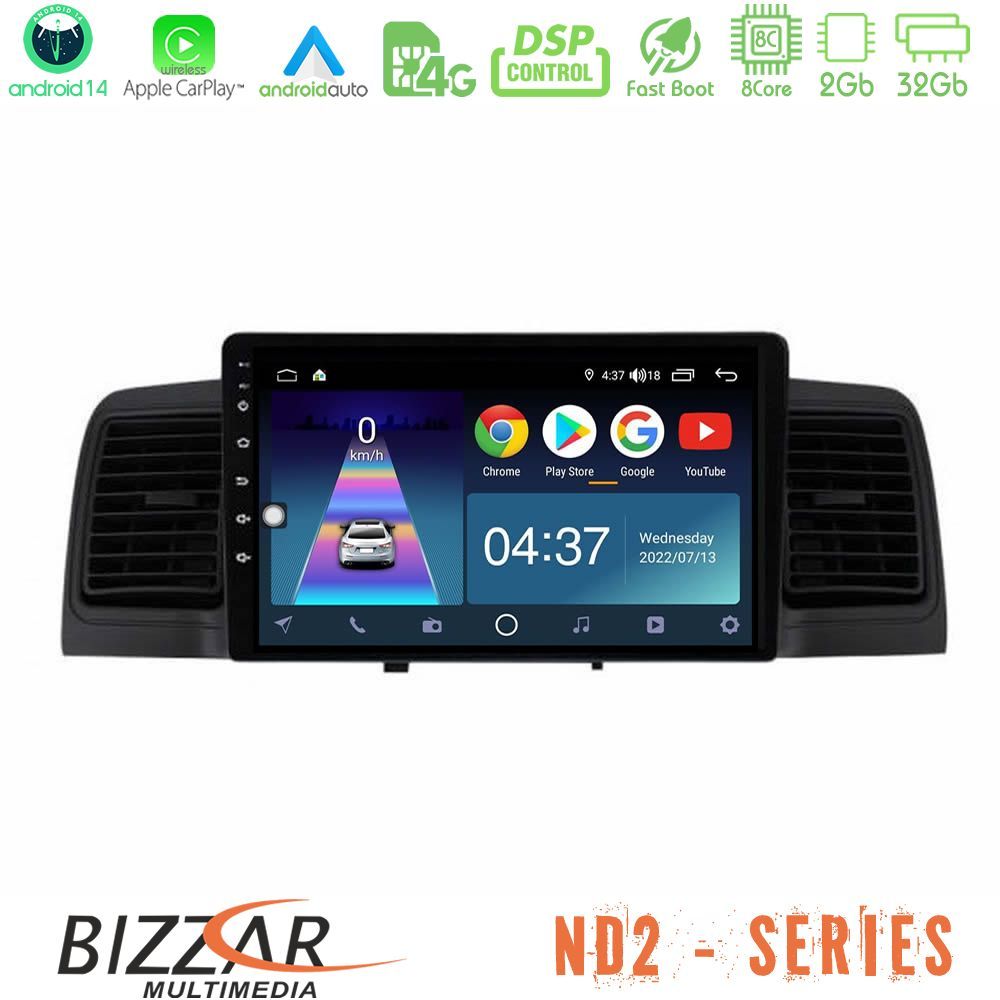 Bizzar ND2 Series 8Core Android14 2+32GB  Toyota Corolla 2002-2006 Navigation Multimedia Tablet 9" Με Carplay & Android Auto (Black)