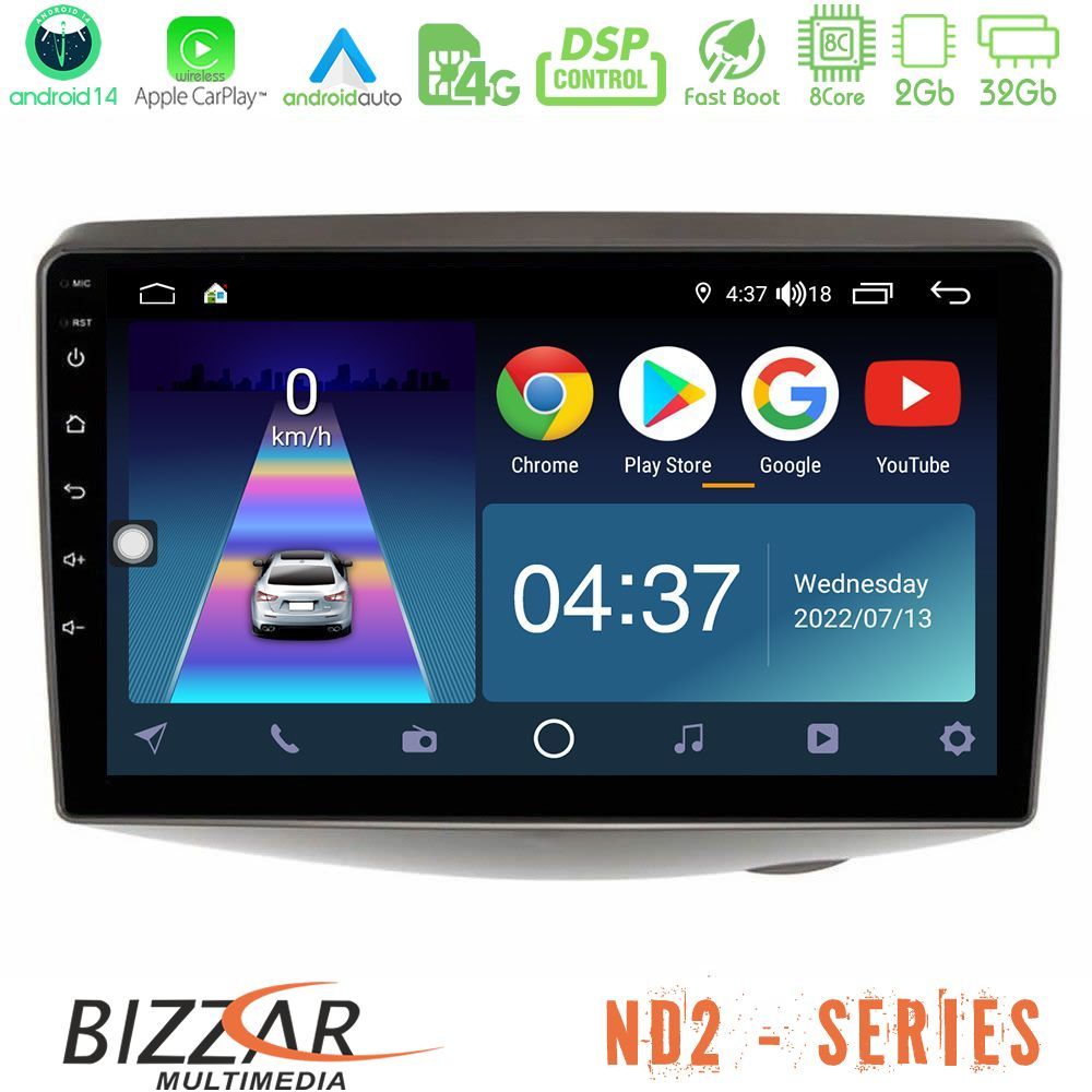 Bizzar ND2 Series 8Core Android14 2+32GB  Toyota Yaris 1999 - 2006 Navigation Multimedia Tablet 9" Με Carplay & Android Auto