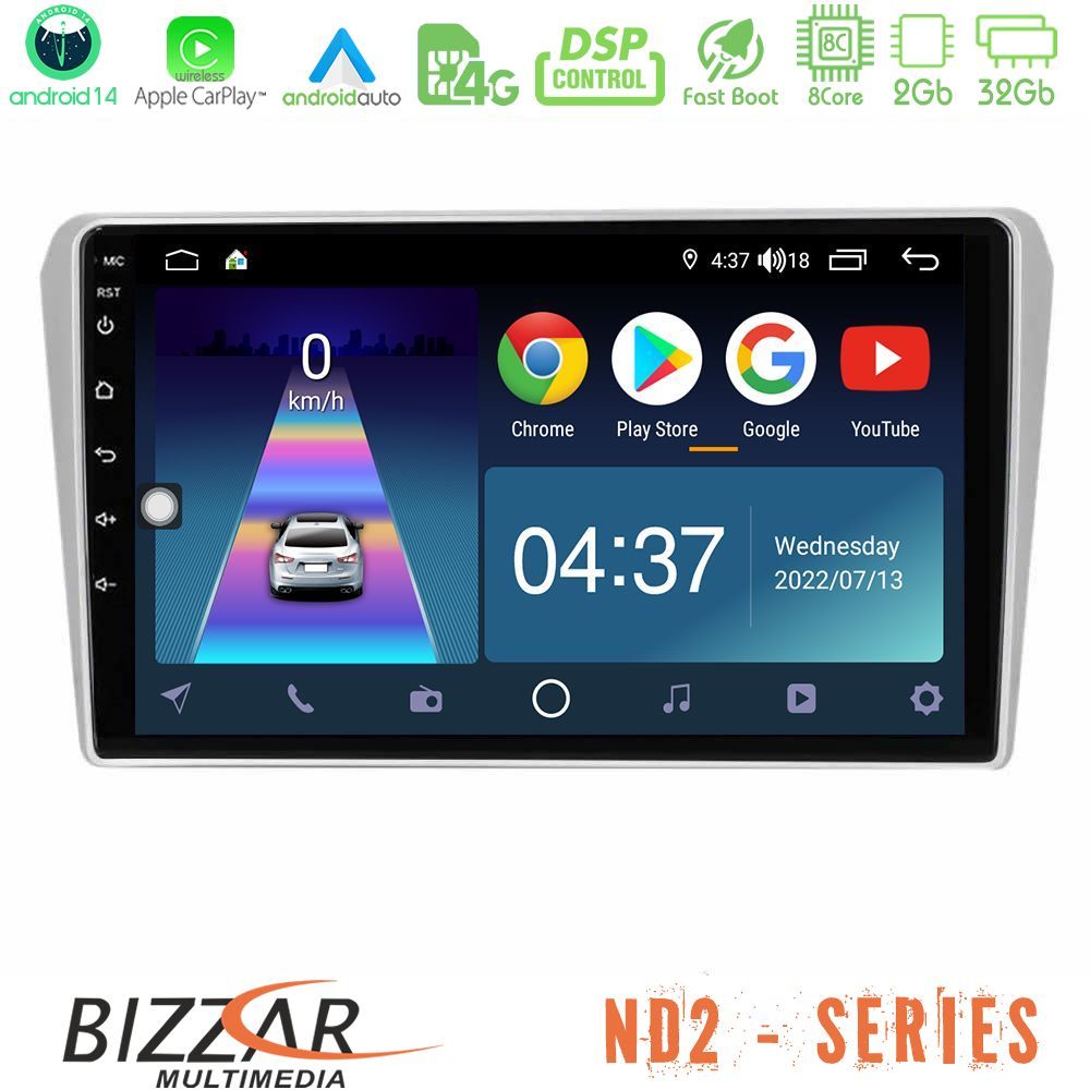 Bizzar ND2 Series 8Core Android14 2+32GB  Toyota Avensis T25 02/2003–2008 Navigation Multimedia Tablet 9" Με Carplay & Android Auto
