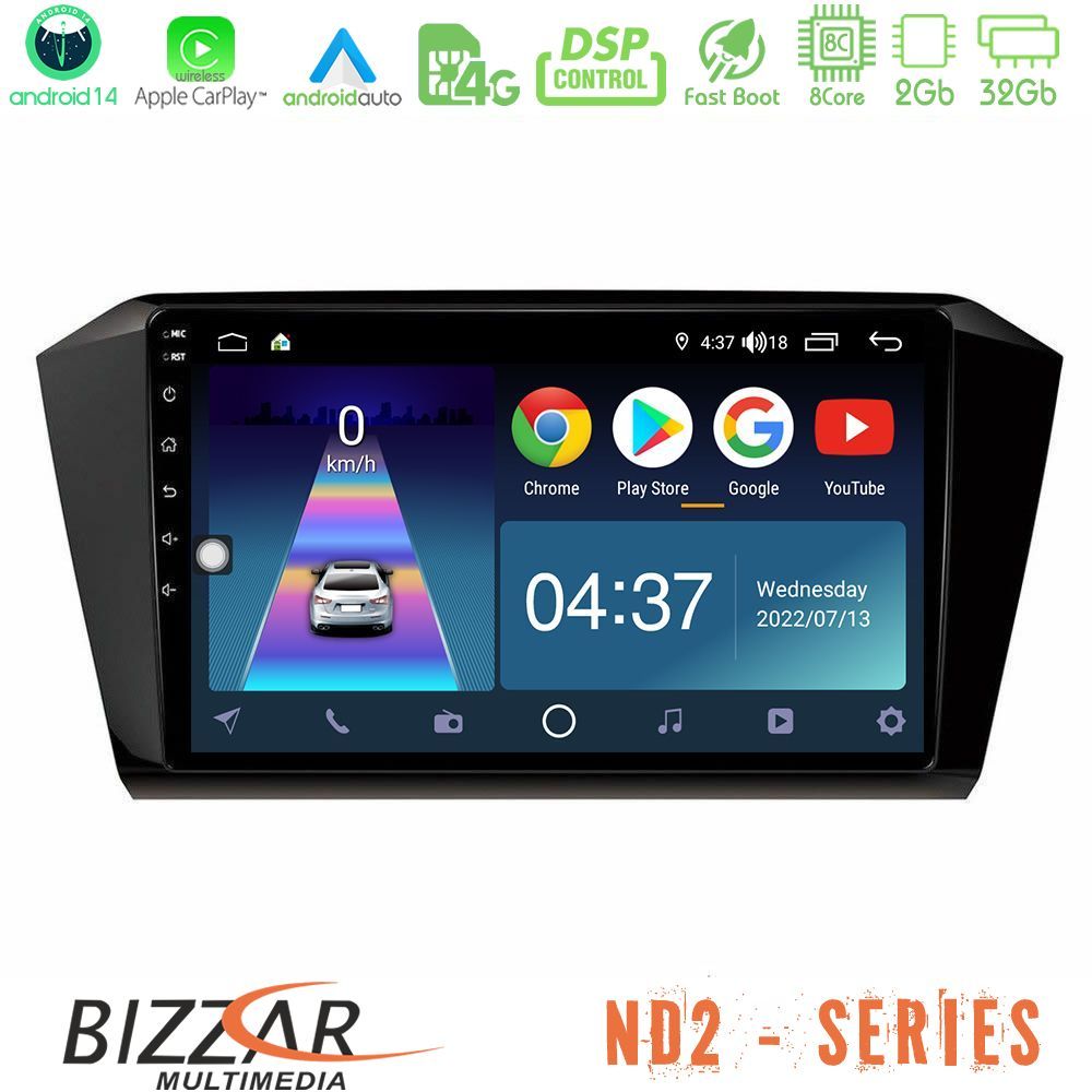 Bizzar ND2 Series 8Core Android14 2+32GB  VW Passat Navigation Multimedia Tablet 10" Με Carplay & Android Auto