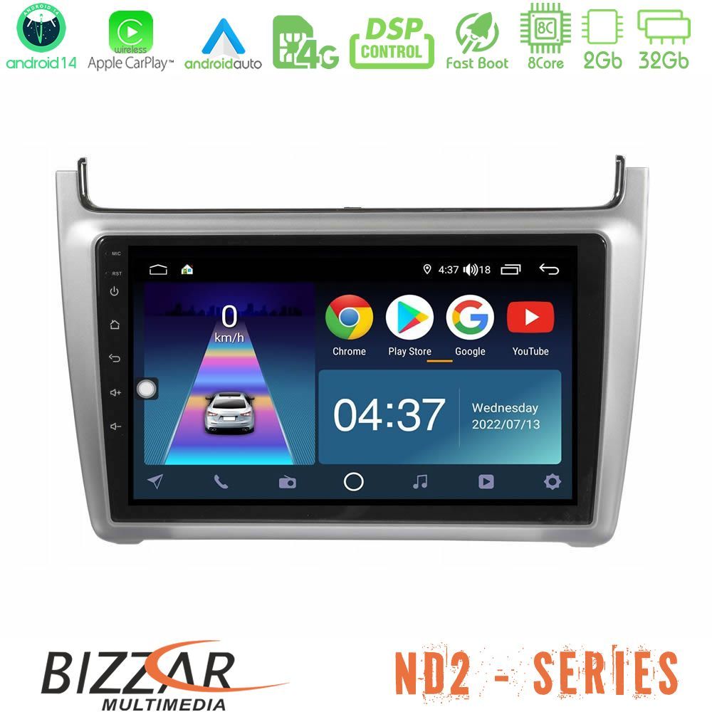 Bizzar ND2 Series 8Core Android14 2+32GB  Vw Polo 2014-2017 Navigation Multimedia Tablet 9" Με Carplay & Android Auto (Silver)