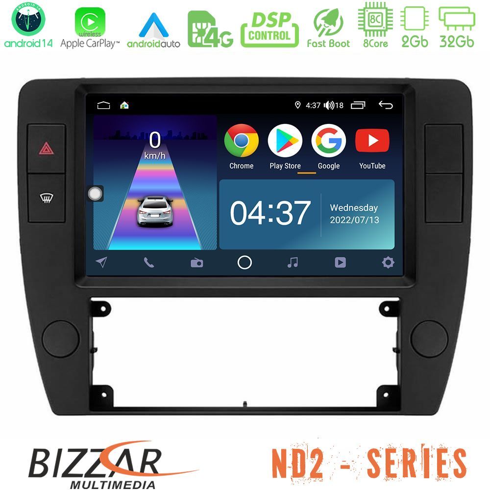 Bizzar ND2 Series 8Core Android14 2+32GB  VW Passat B5 2001-2005 Navigation Multimedia Tablet 9" Με Carplay & Android Auto