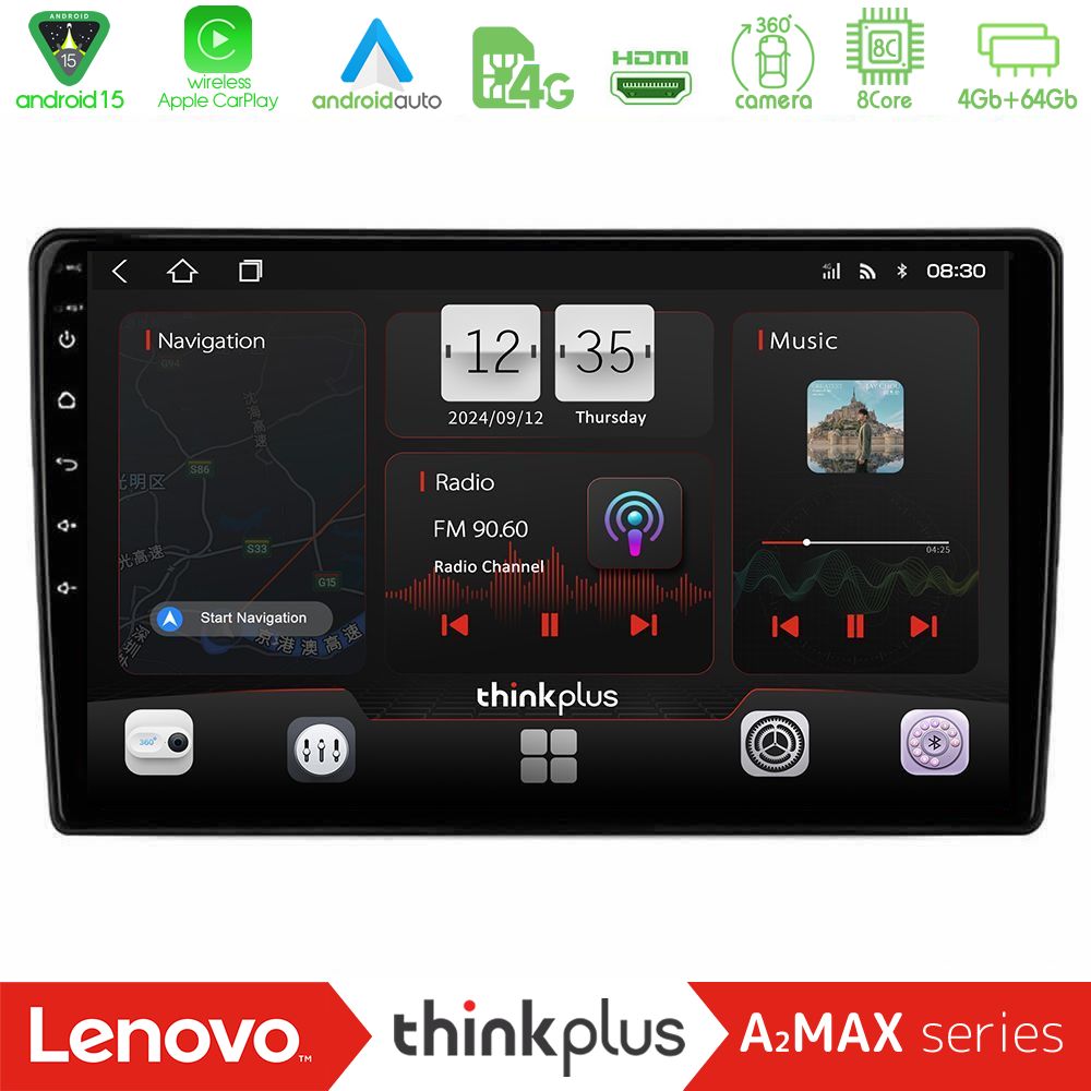 Lenovo Thinkplus A2MAX Series 8Core Android15 4+64GB  Alfa Romeo 159/Brera/Spider Navigation Multimedia Tablet 9"