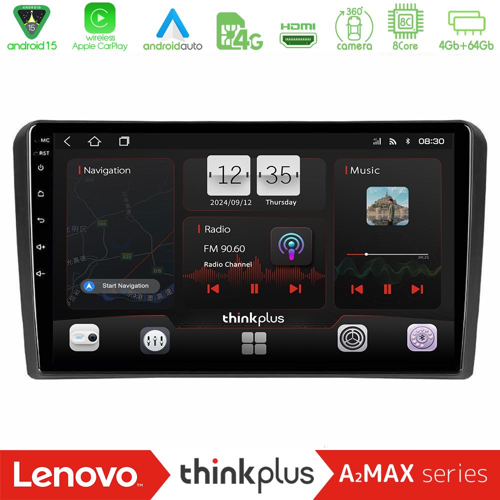 Lenovo Thinkplus A2MAX Series 8Core Android15 4+64GB  Audi A3 8P Navigation Multimedia Tablet 9"