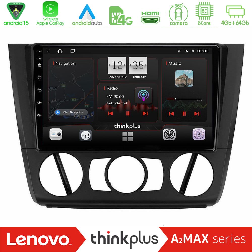 Lenovo Thinkplus A2MAX Series 8Core Android15 4+64GB BMW 1Series E81/E82/E87/E88 (MANUAL A/C) Navigation Multimedia Tablet 9"