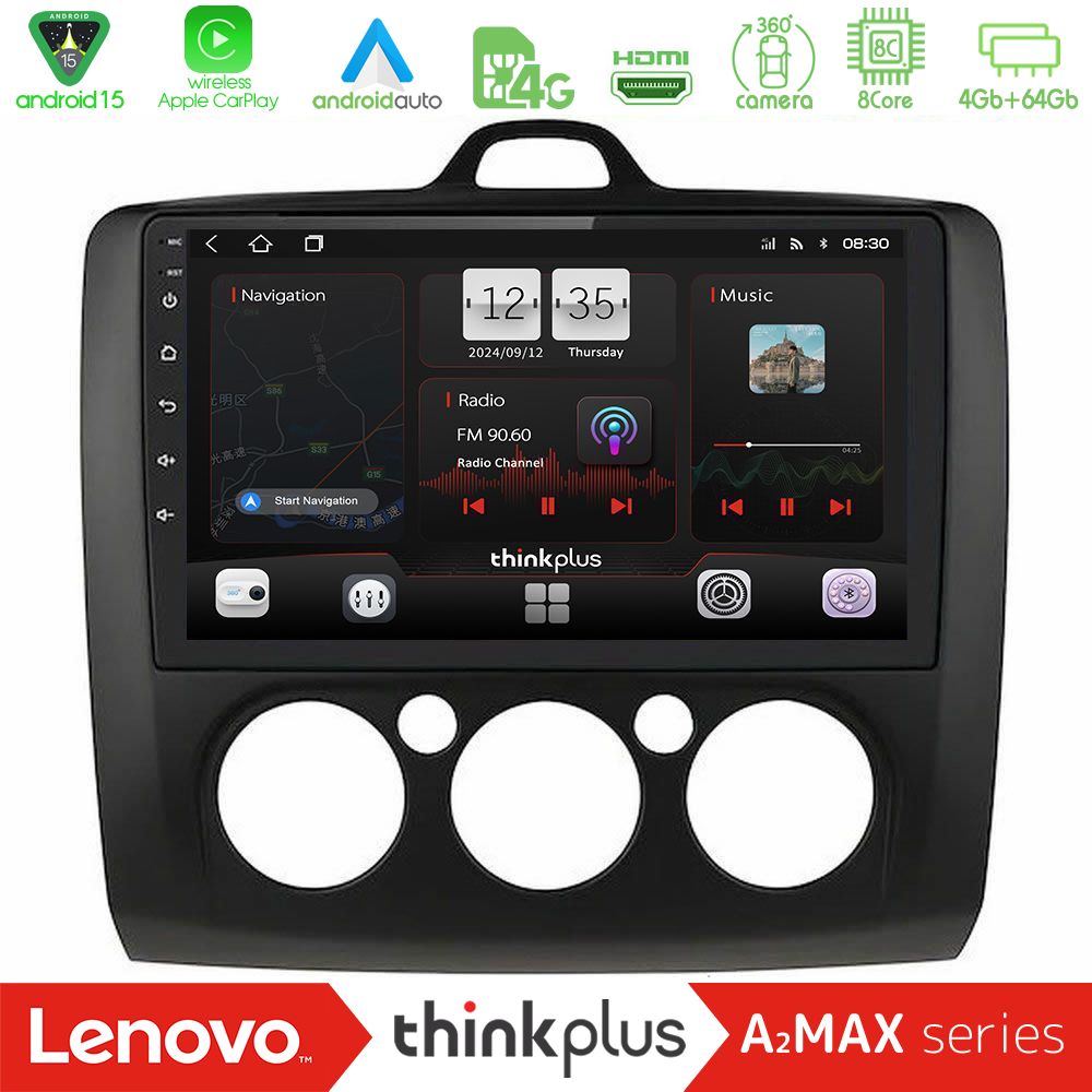 Lenovo Thinkplus A2MAX Series 8Core Android15 4+64GB  Ford Focus Manual AC Navigation Multimedia Tablet 9" (Μαύρο Χρώμα)