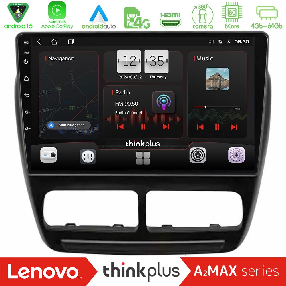 Lenovo Thinkplus A2MAX Series 8Core Android15 4+64GB  Fiat Doblo / Opel Combo 2010-2014 Navigation Multimedia Tablet 9"