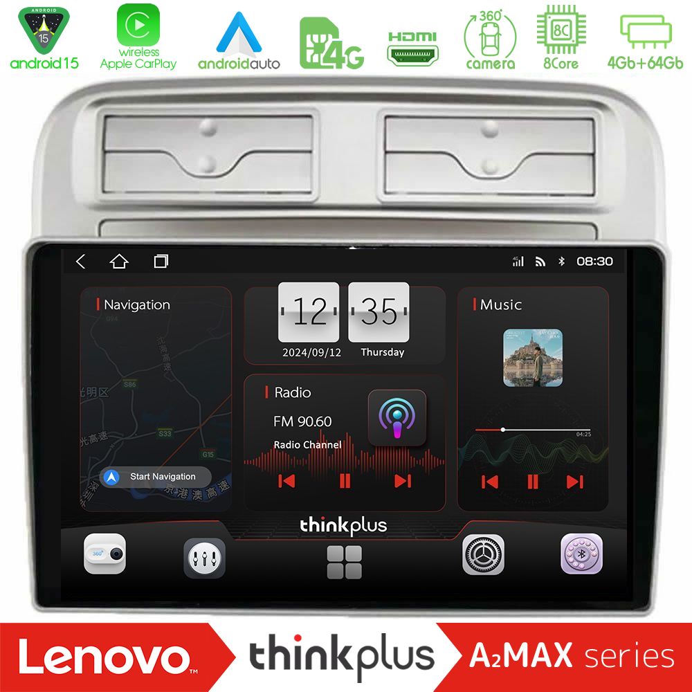Lenovo Thinkplus A2MAX Series 8Core Android15 4+64GB  Fiat Grande Punto 2006-2011 Navigation Multimedia Tablet 9"