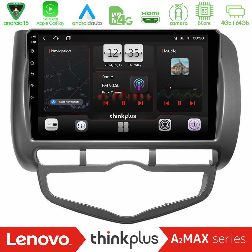 Lenovo Thinkplus A2MAX Series 8Core Android15 4+64GB  Honda Jazz 2002-2008 (Auto A/C) Navigation Multimedia Tablet 9"